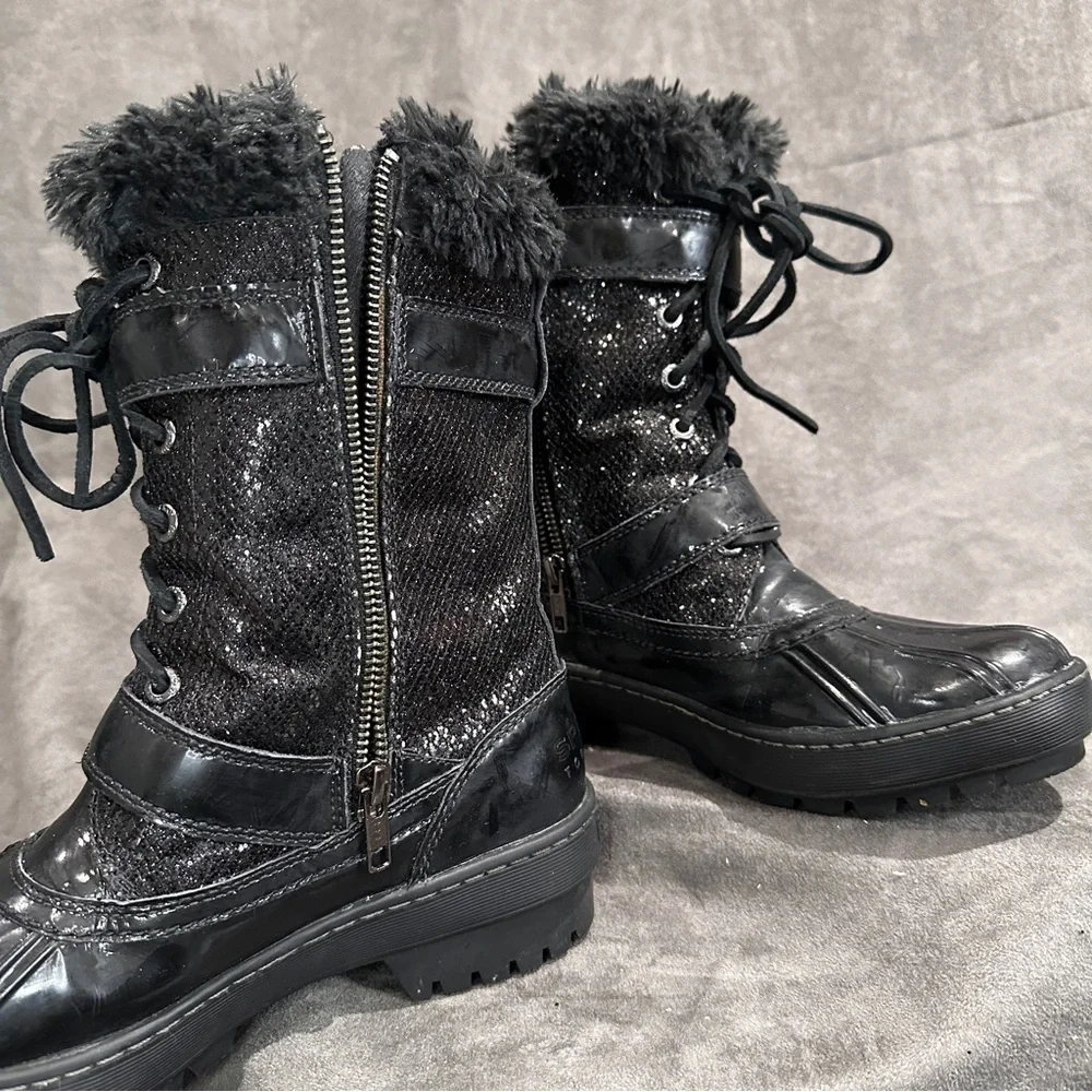 Sperry Top-Sider Alpine Glitter Fur Combat Boots Black 8M Streetwear Luxe